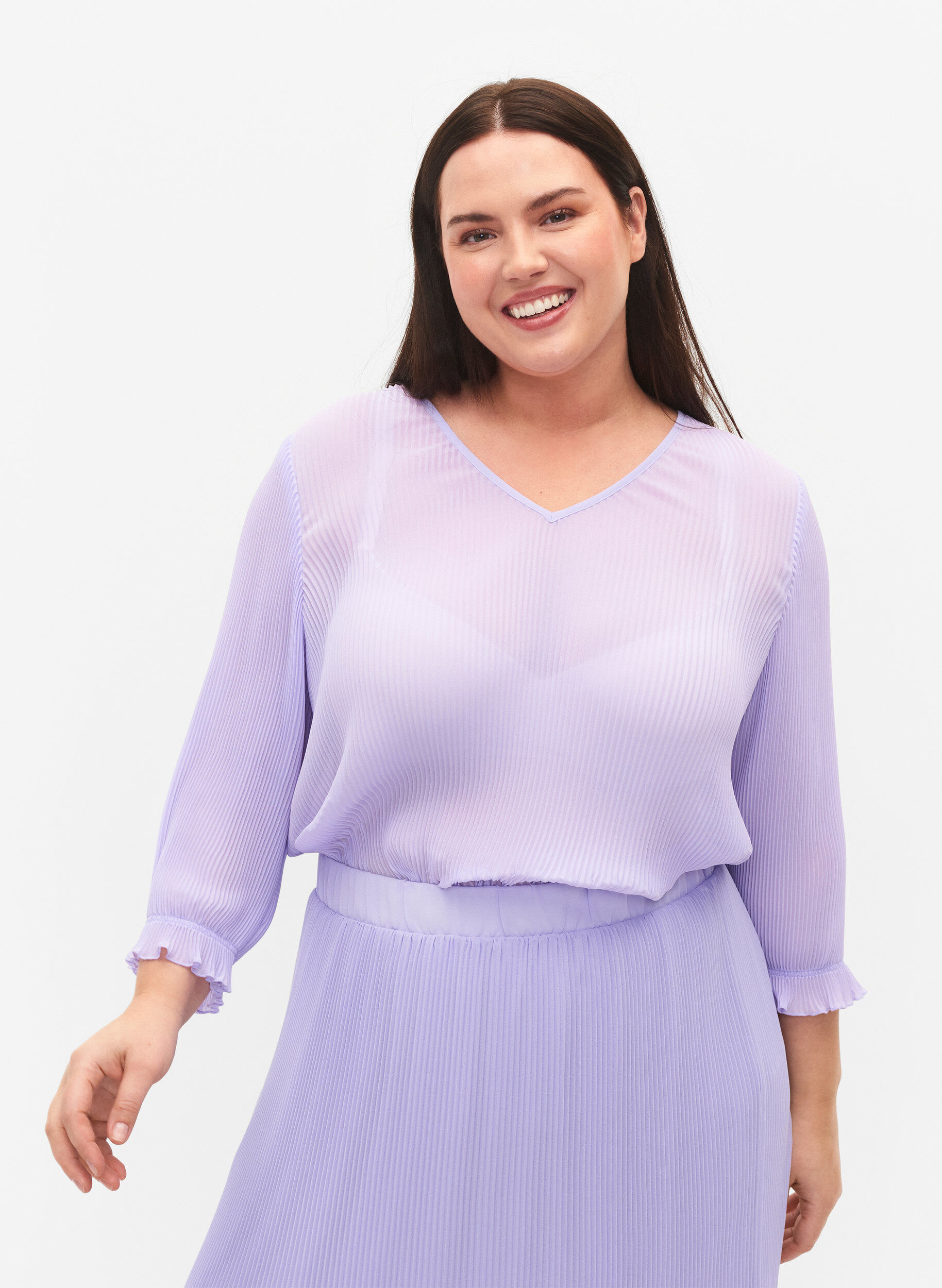 Zizzifashion Pleated top with 3/4 sleeves, Lavender, Model image number 0