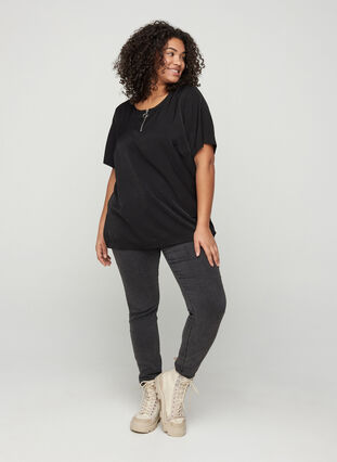 Short-sleeved blouse with a zip detail, Black, Model image number 2