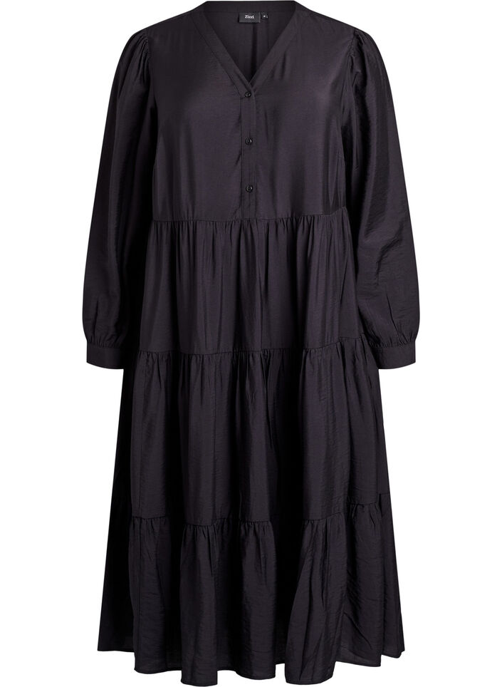 Midi dress with v-neck and A-line shape, Black, Packshot image number 0