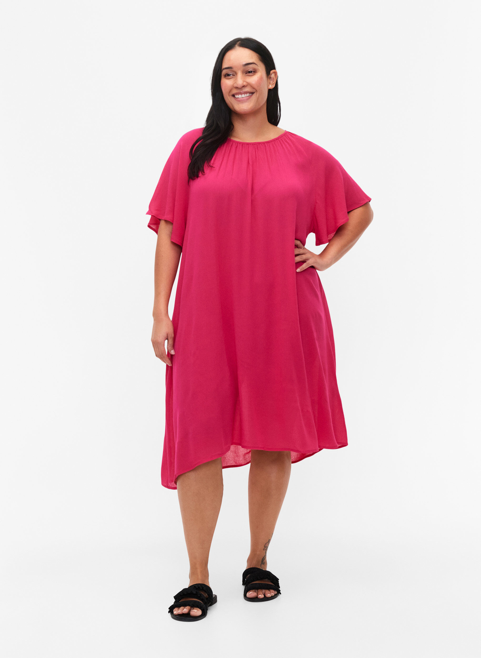 Zizzifashion Viscose dress with short sleeves, Bright Rose, Model image number 2