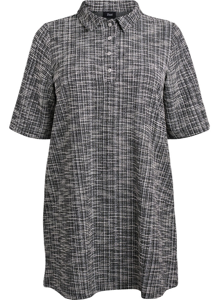 Short dress in textured jersey with a graphic check, Vanilla, Packshot image number 0