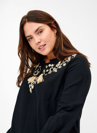 Cotton tunic with embroidery and tie details, Black, Model image number 2