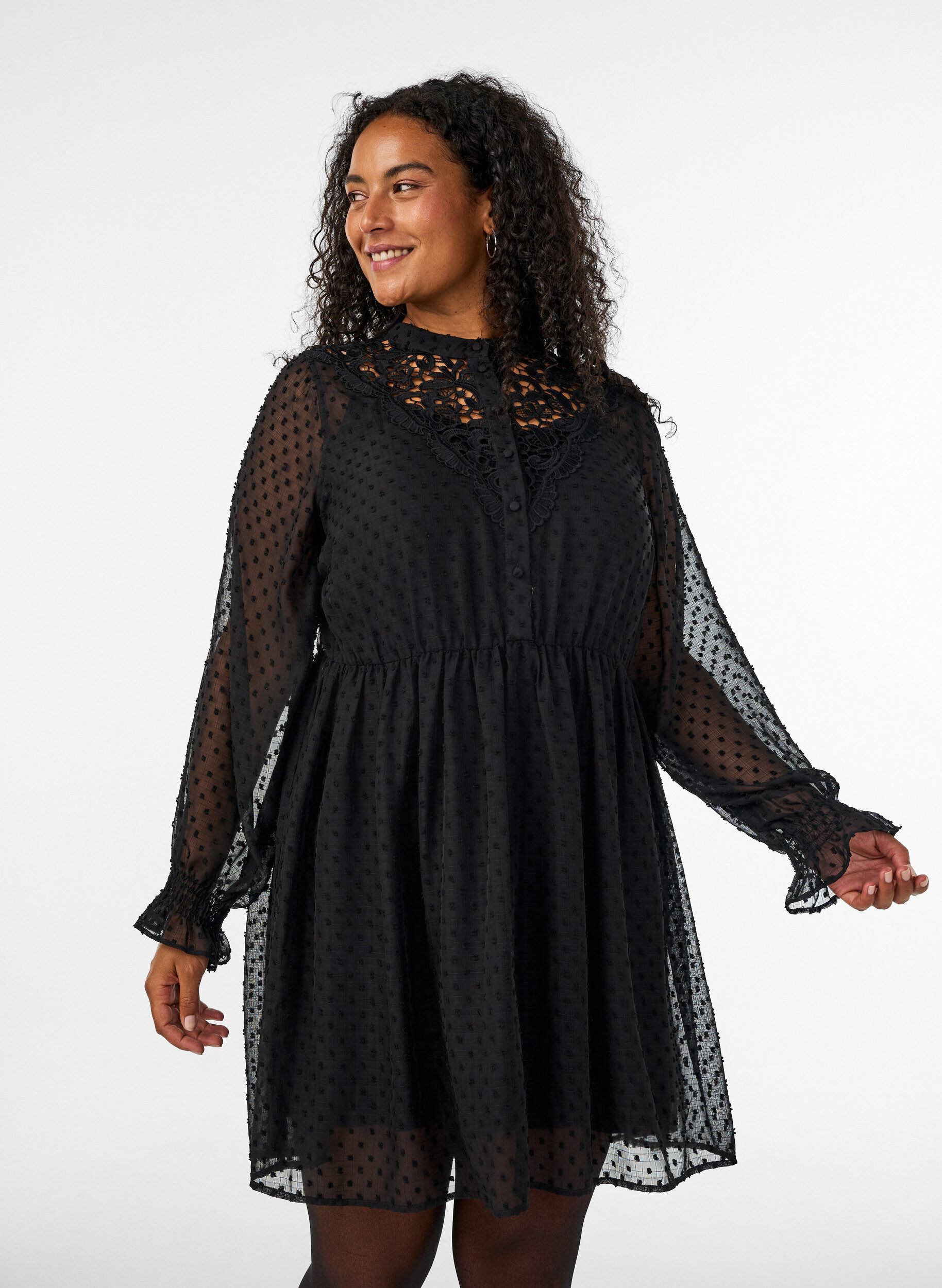 ZizzifashionChiffon dress with guipure lace and empire line, Black, Model image number 0