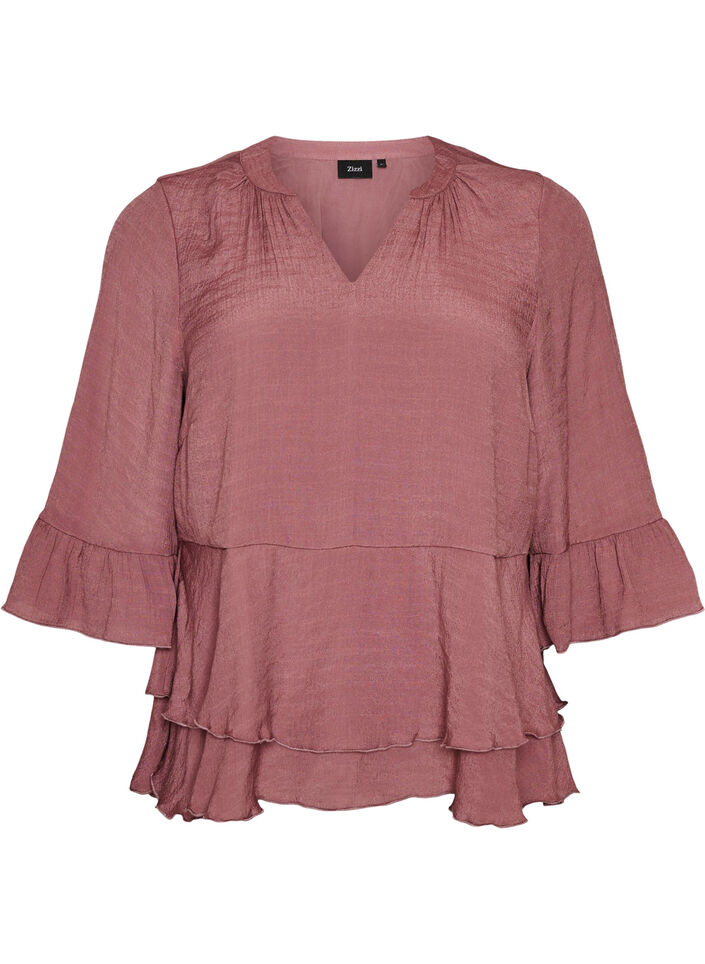 Blouse with 3/4-sleeves and ruffle details, Rose, Packshot image number 0