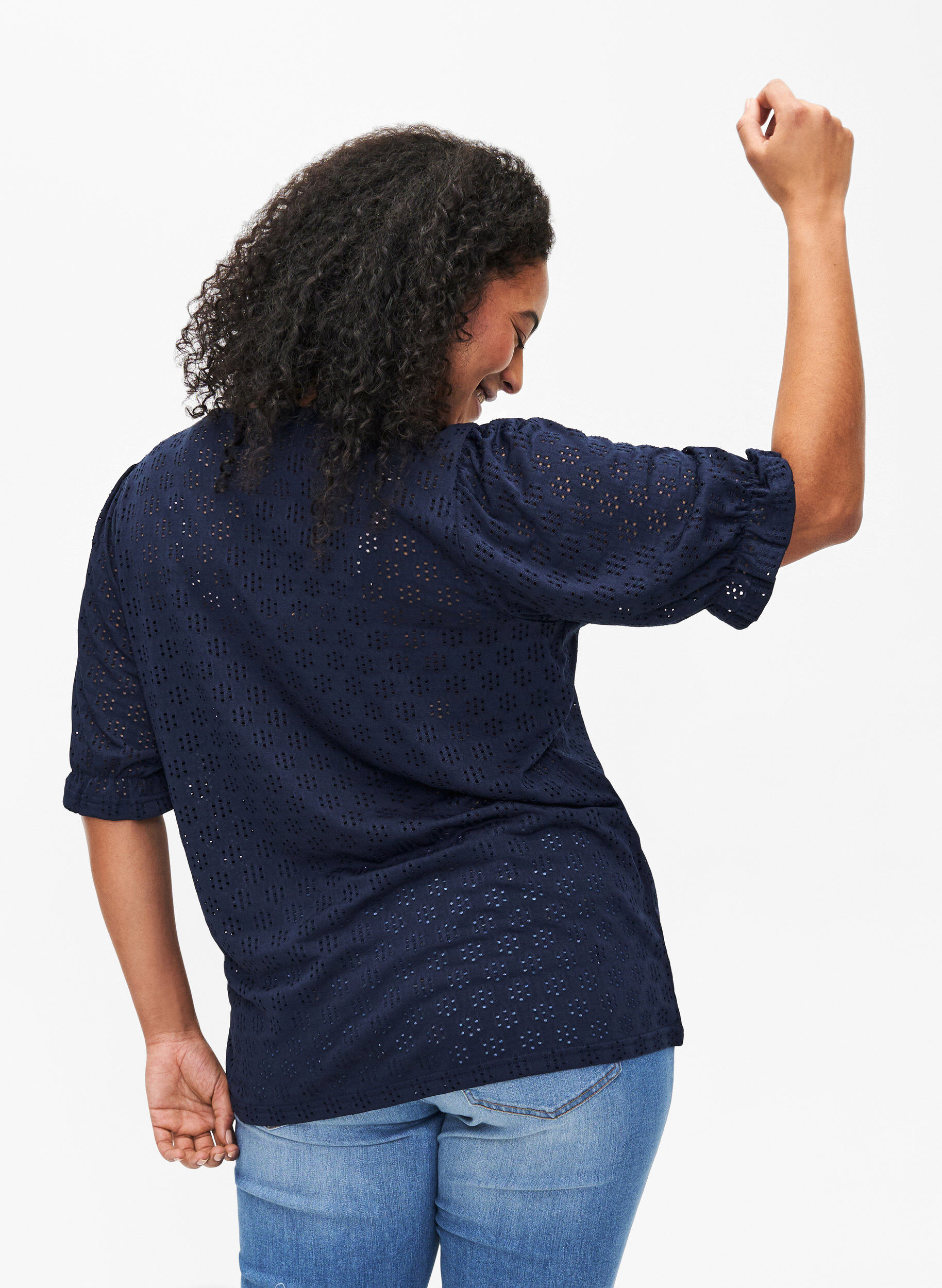 Zizzifashion V-neck blouse with hole pattern, Navy Blazer, Model image number 1