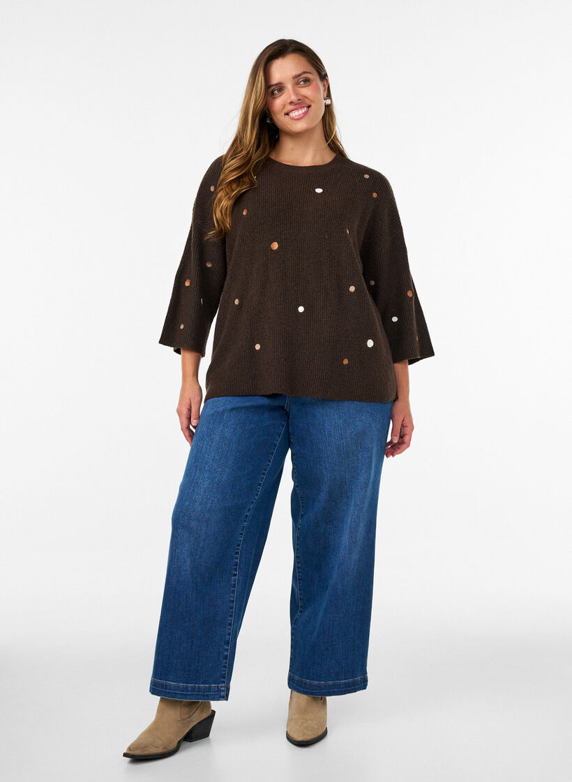 Knitted blouse with small embroidered motifs, Brown, Model image number 1