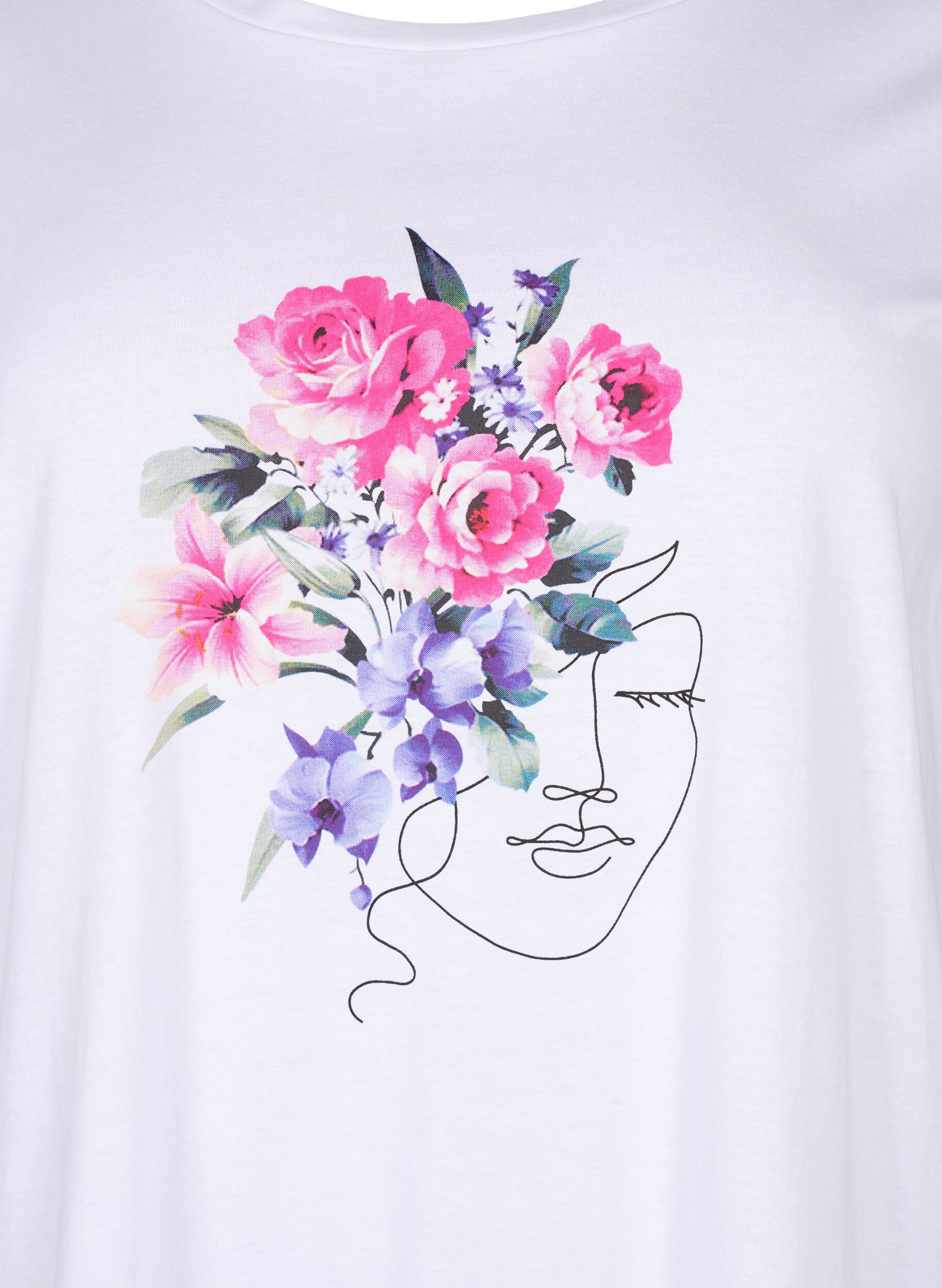 Zizzifashion Cotton T-shirt with flowers and portrait motif, B. White Face Flower, Packshot image number 2