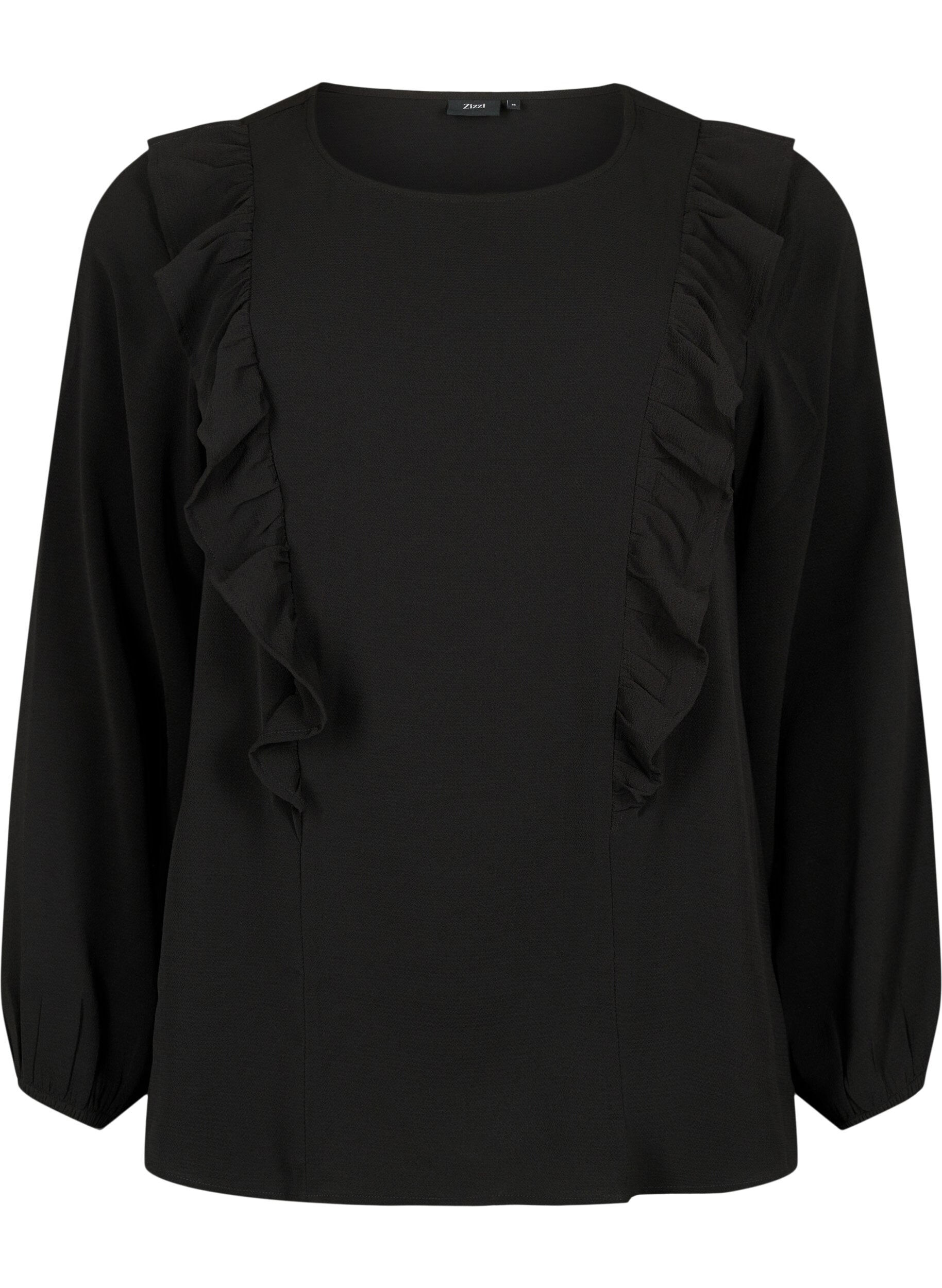 Zizzifashion Long sleeve blouse with ruffles, Black, Packshot image number 0