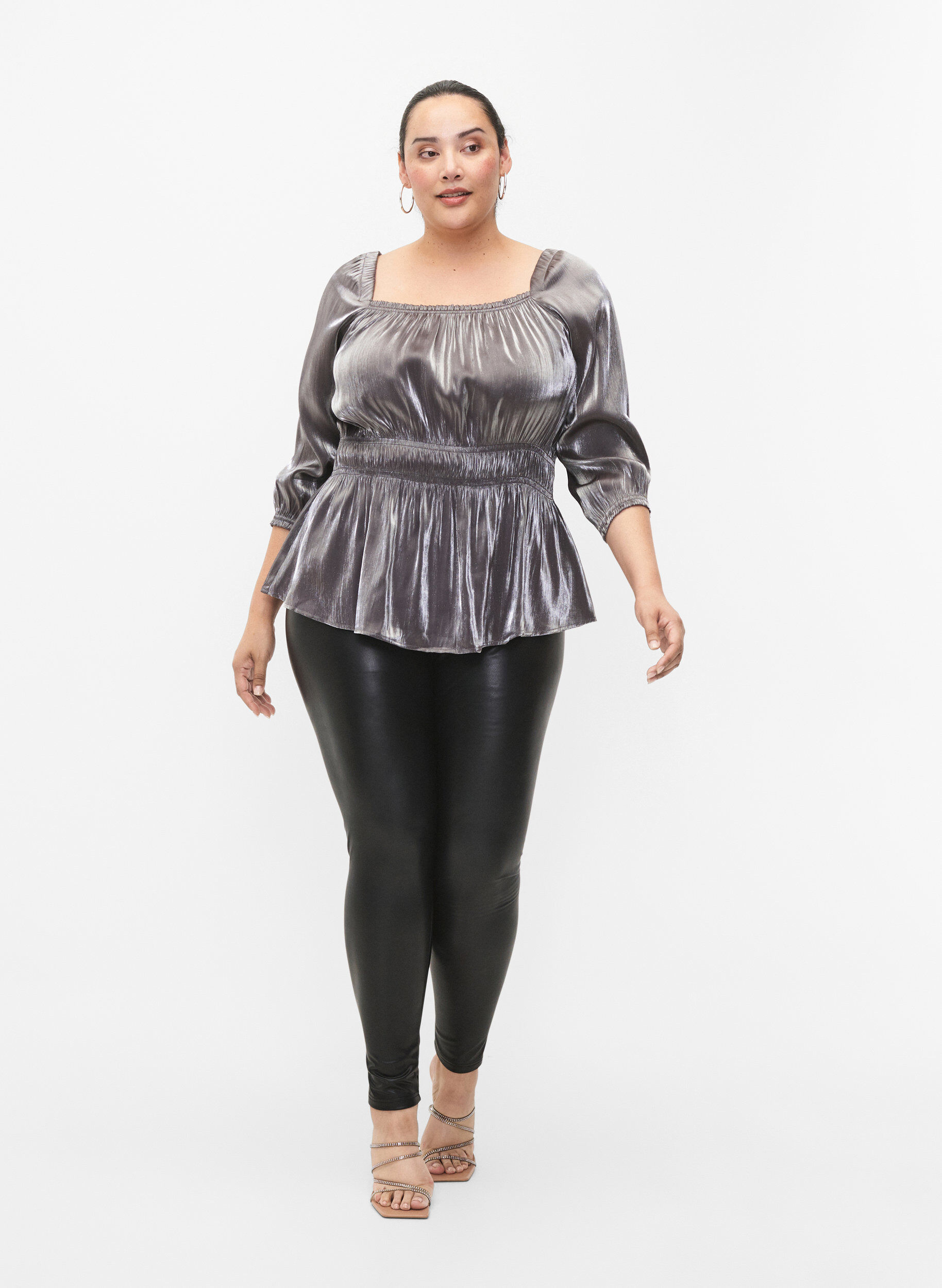 Zizzifashion Silver-colored blouse with 3/4 sleeves and smock, Dark Silver, Model image number 3