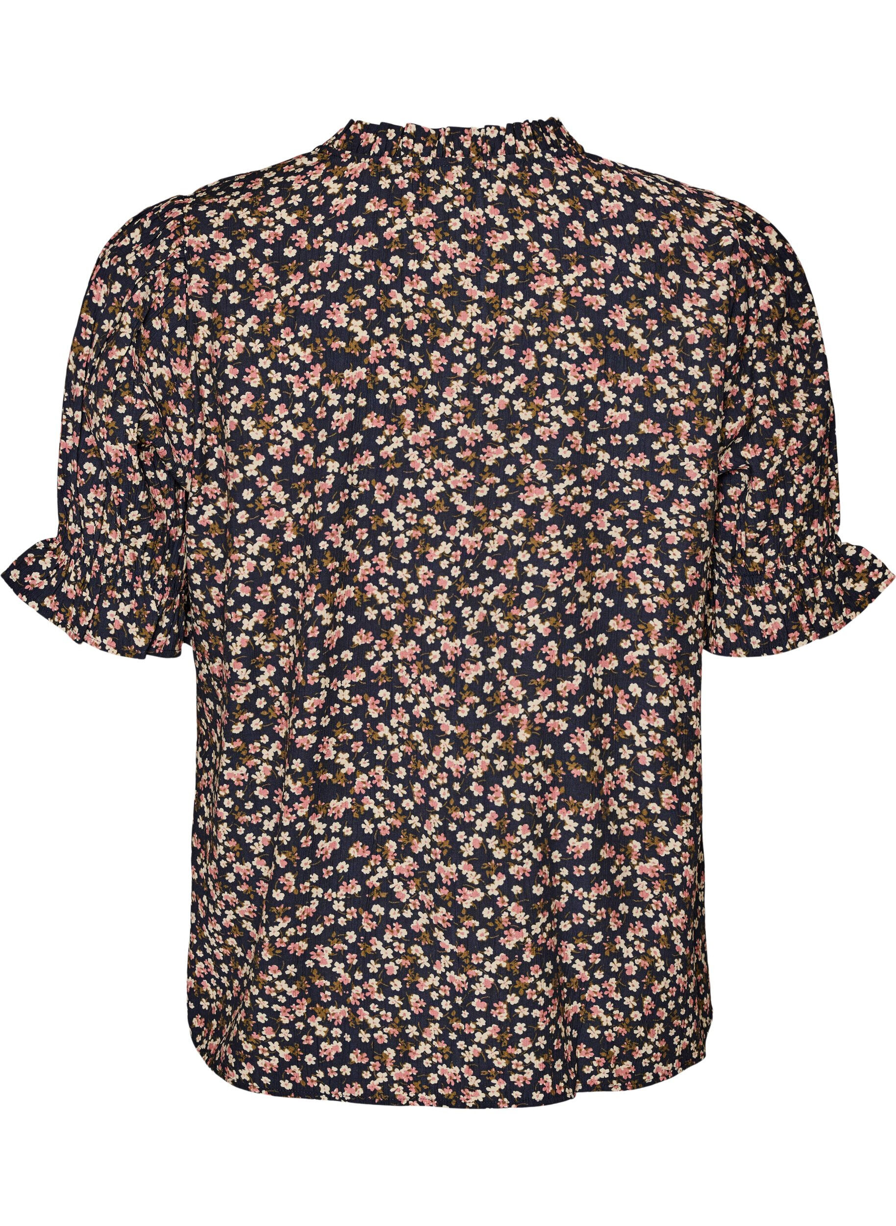 Zizzifashion Floral viscose blouse with short sleeves and smock details, Blue, Packshot image number 1
