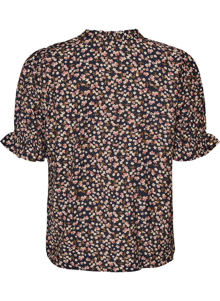 Floral viscose blouse with short sleeves and smock details, Blue, Packshot image number 1