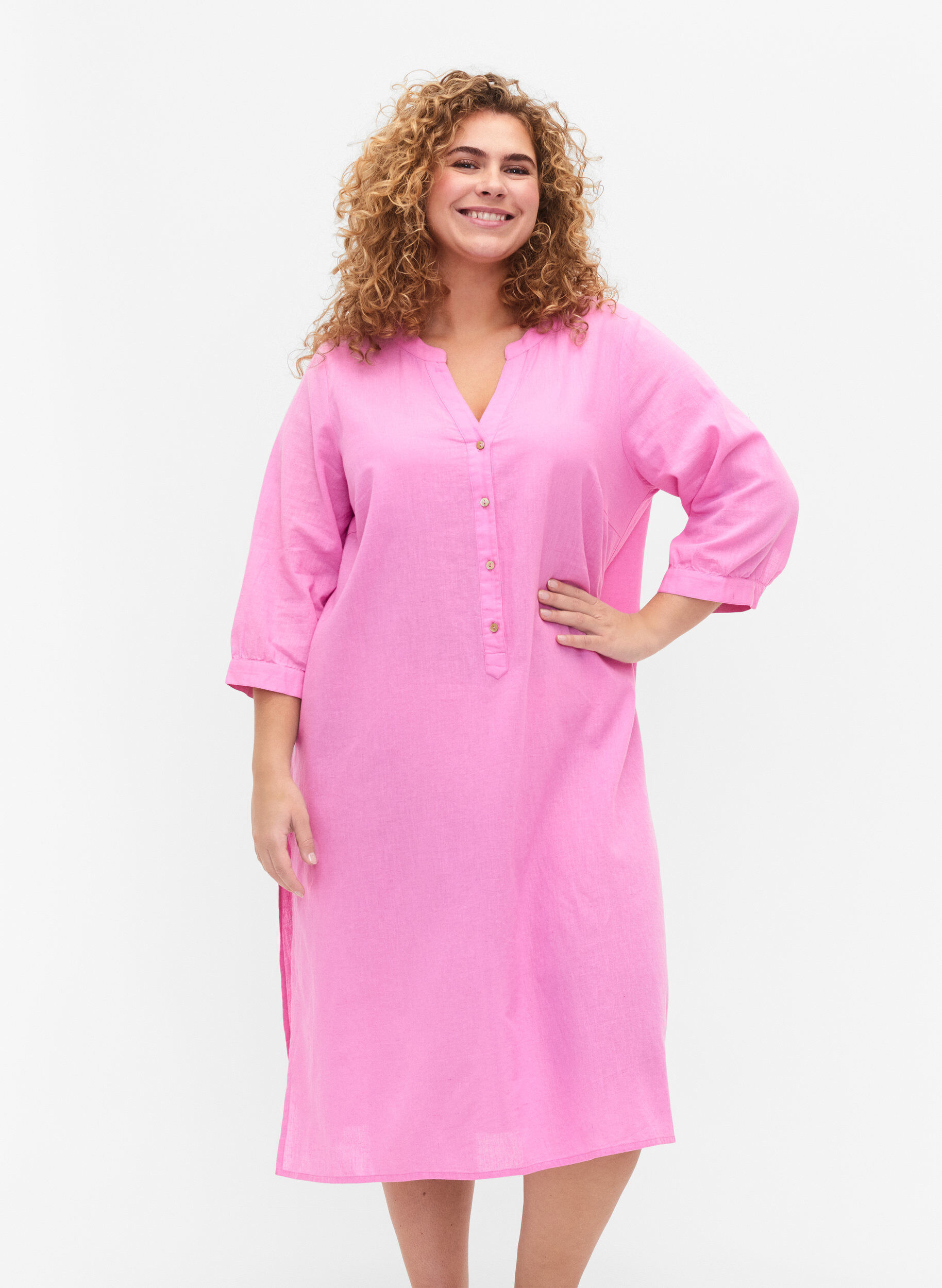 Zizzifashion Long shirt dress with 3/4 sleeves, Begonia Pink, Model image number 0
