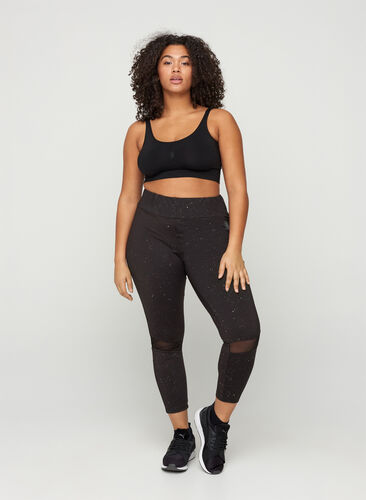 Cropped sports leggings with print and mesh, Black, Model image number 0