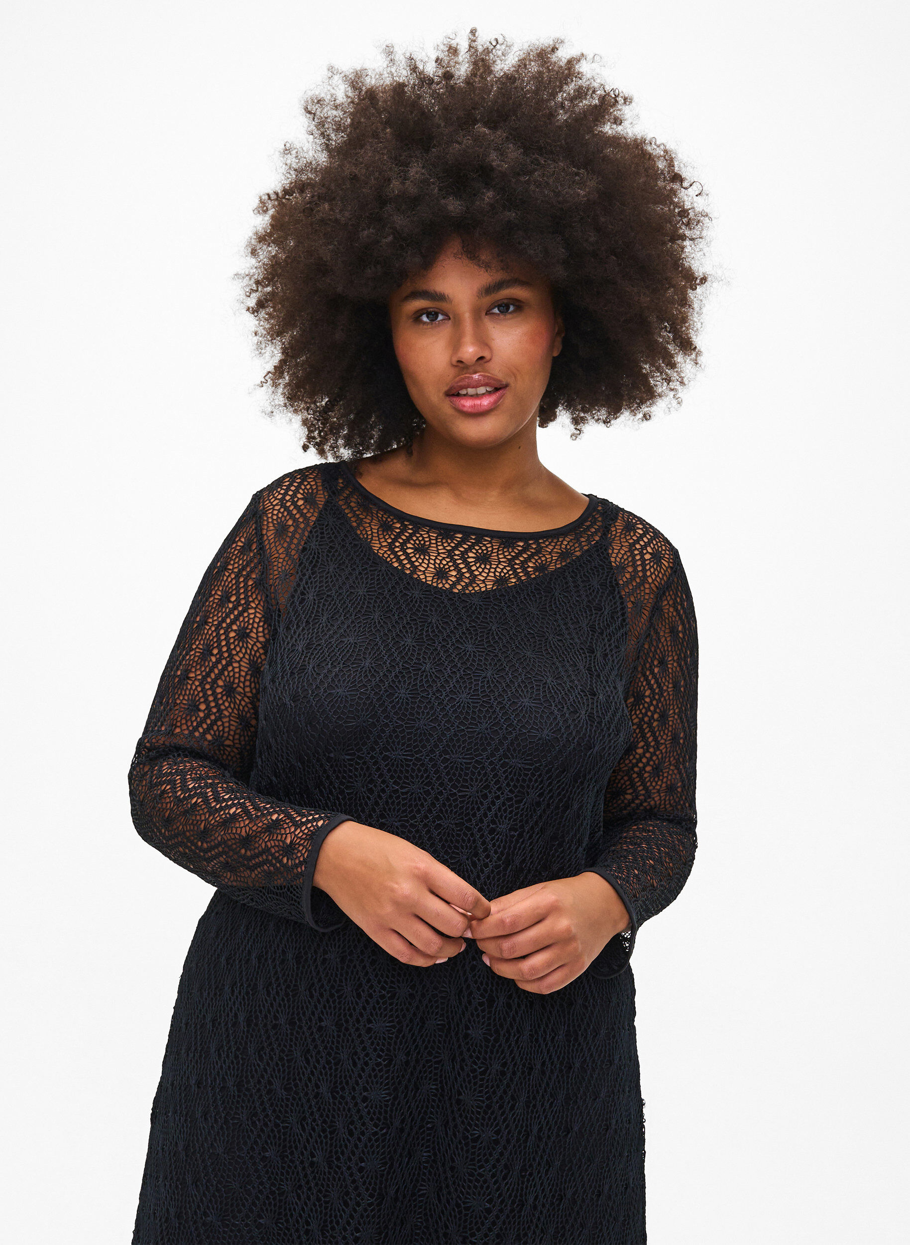 Zizzifashion Crochet dress with long sleeves, Black, Model image number 2