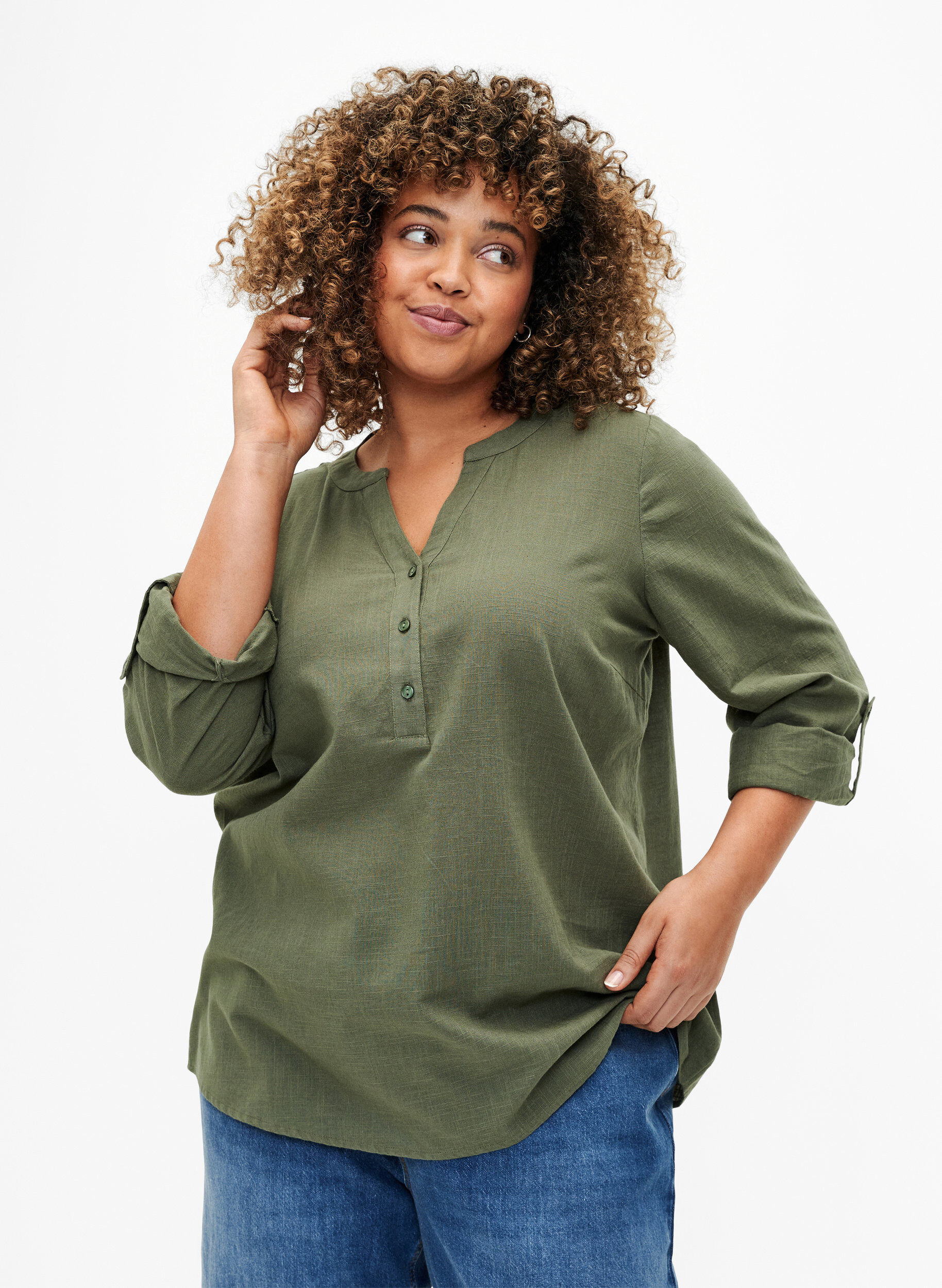 Zizzifashion Shirt blouse in cotton with a v-neck, Thyme, Model image number 0