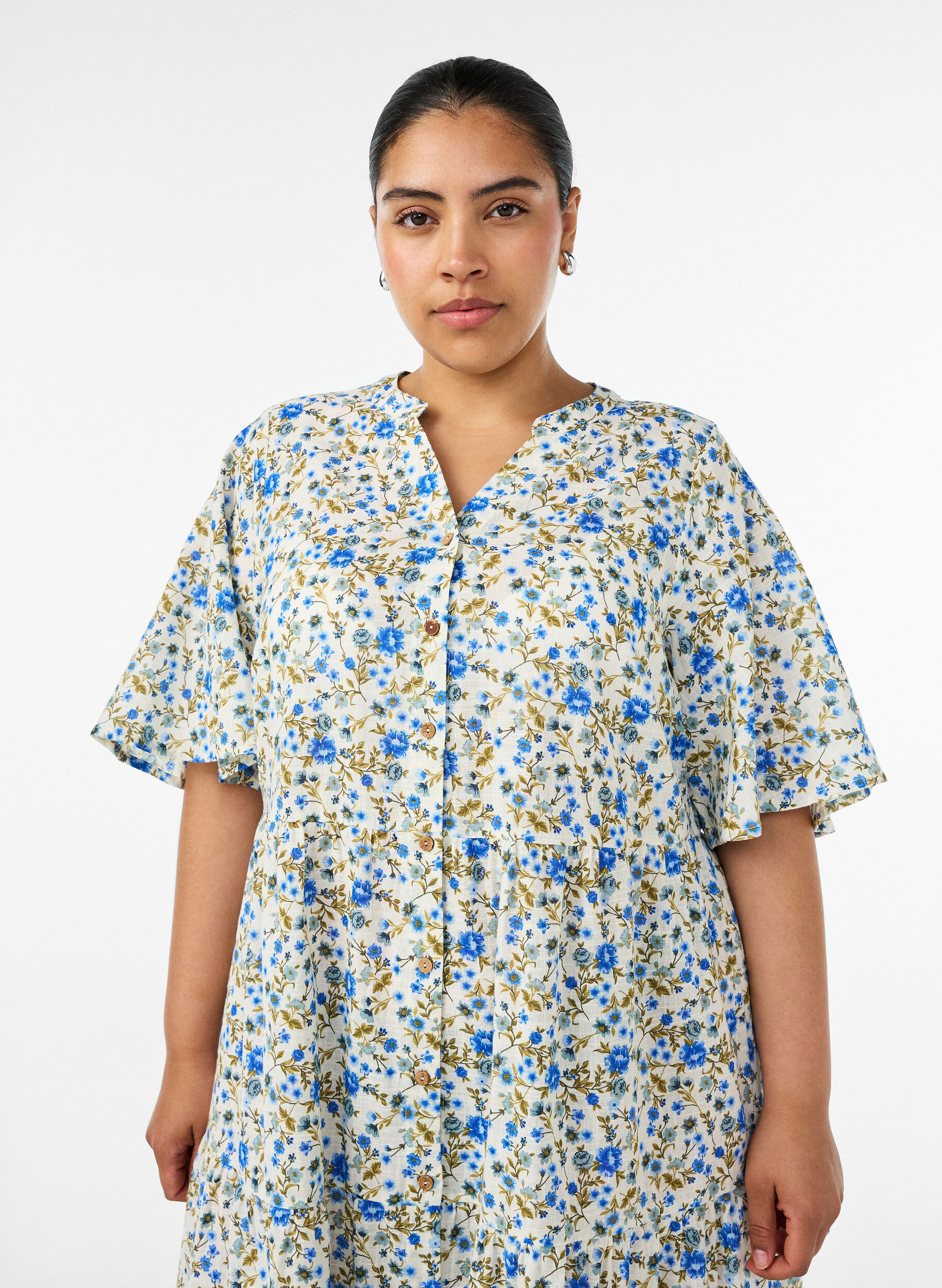 Zizzifashion Cotton midi dress with floral print, Blue, Model image number 2