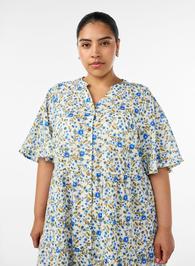 Cotton midi dress with floral print, Blue, Model image number 2