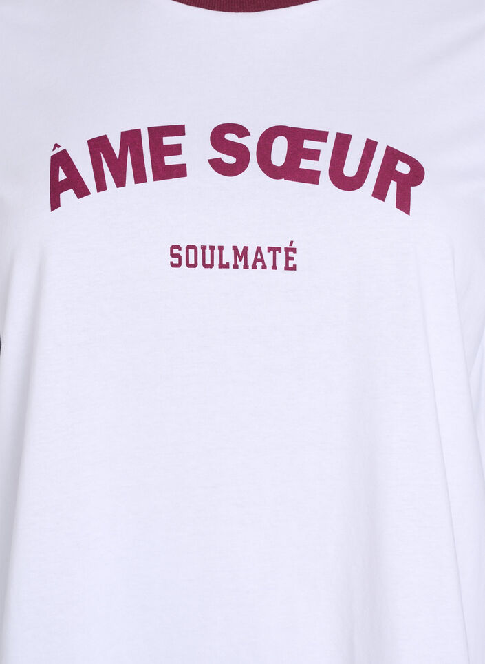 T-shirt with text print and contrast trim, White, Packshot image number 2