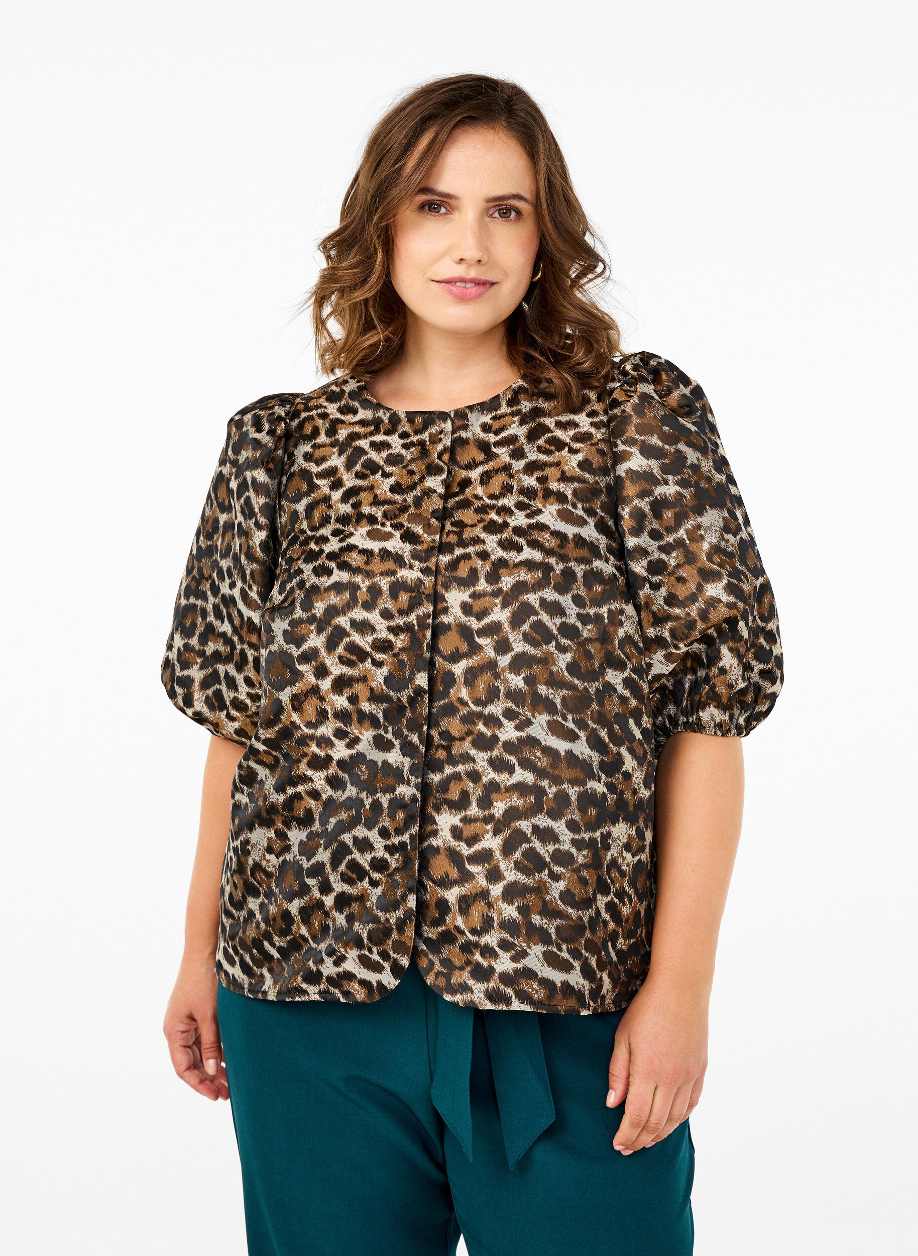 Zizzifashion Jacquard Leo jacket with puff sleeves, Brown Leo AOP, Model image number 0