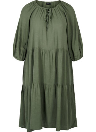 Cotton dress with 3/4 sleeves and tie detail, Thyme, Packshot image number 0