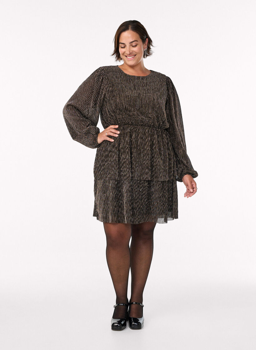 Short dress with glitter stripes and long sleeves, Black, Model image number 1