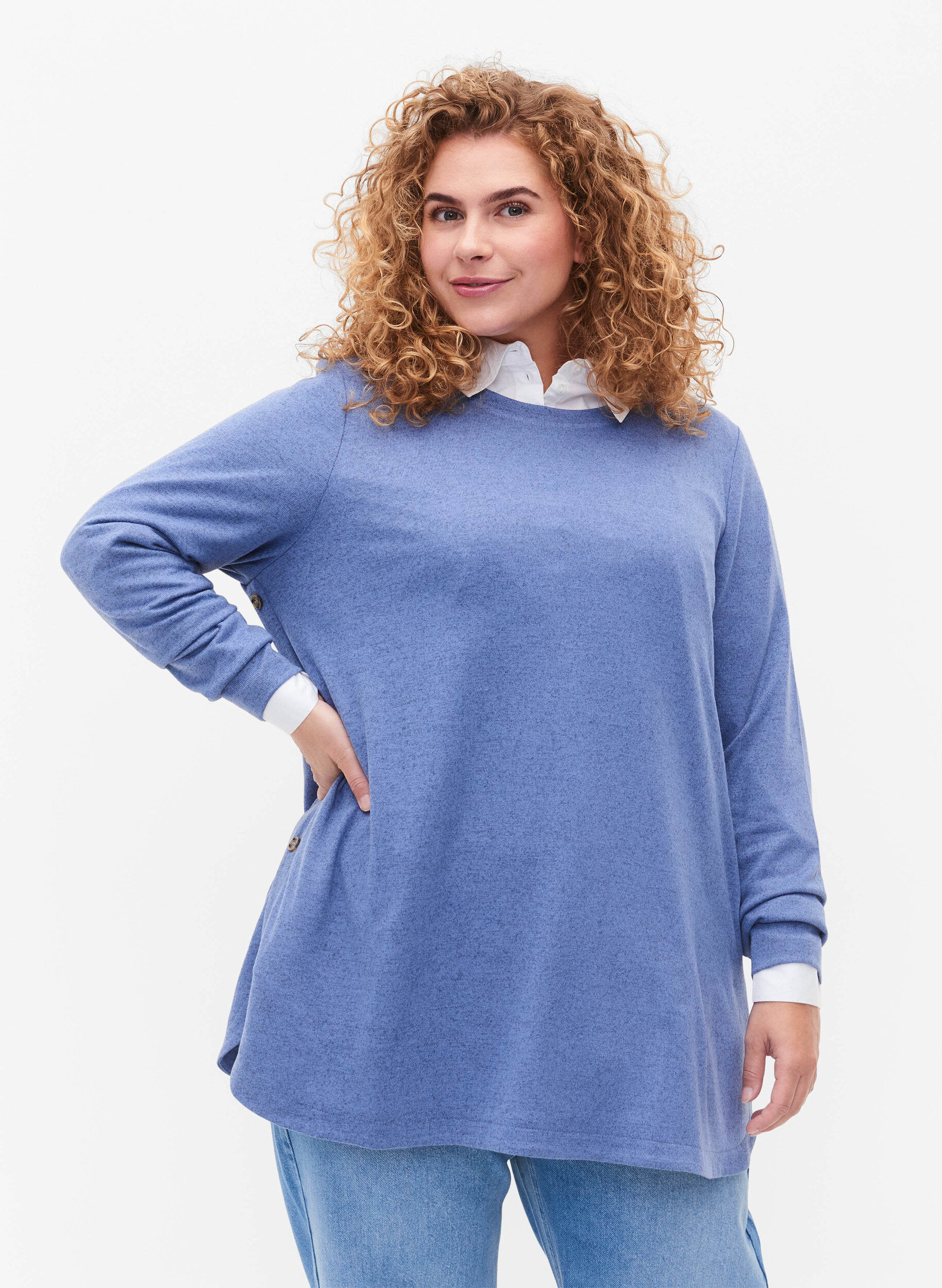 Zizzifashion Melange blouse with buttons, Colony Blue Melange, Model image number 0