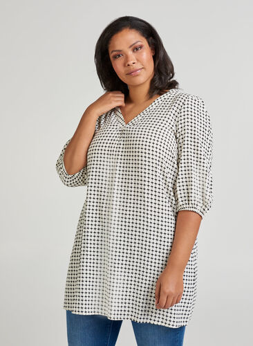 Checked viscose tunic, Birch AOP, Model image number 0