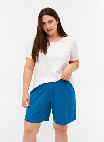 Loose cotton shorts with pockets, Fjord Blue, Model image number 0