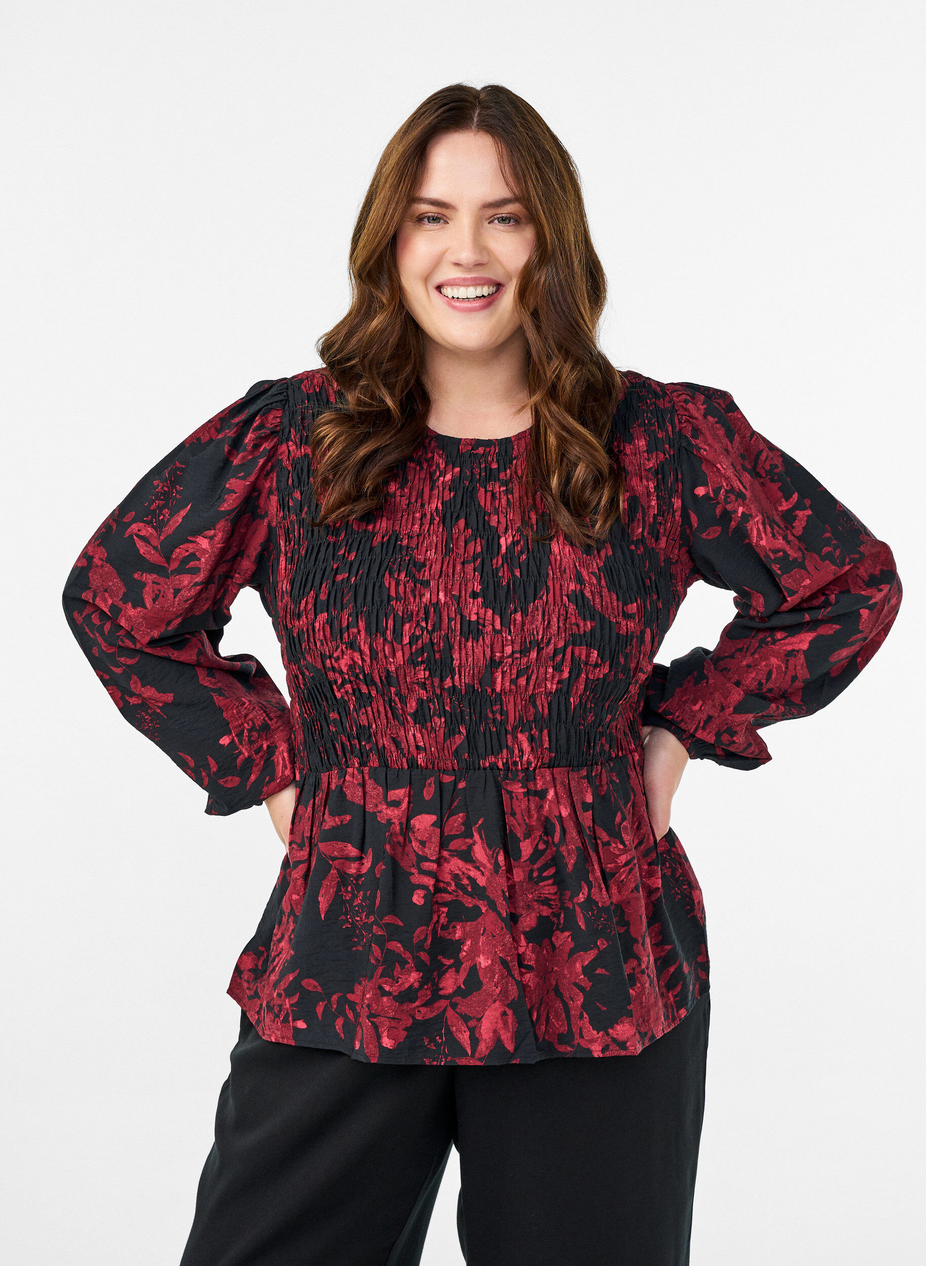Blouse with smock and long sleeves, Black, Model