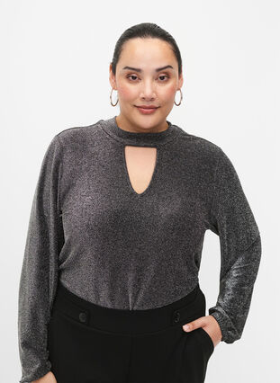 Long-sleeved glitter blouse with round neck and V-detail, Black Silver, Model image number 2