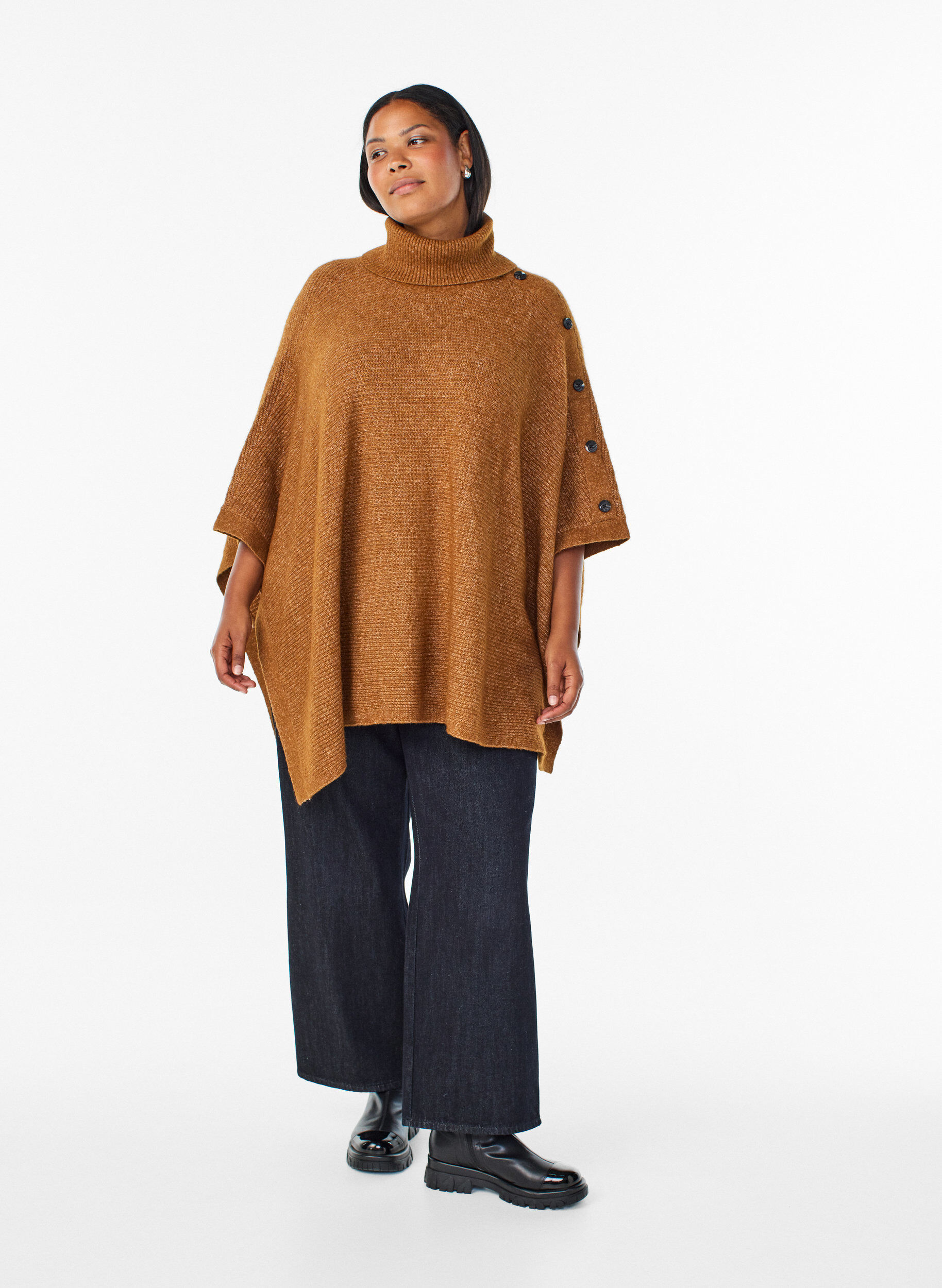 Zizzifashion Poncho with turtleneck and button detail, Brown, Model image number 1