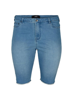 Close-fitting denim shorts with raw hems, Blue Denim, Packshot image number 0