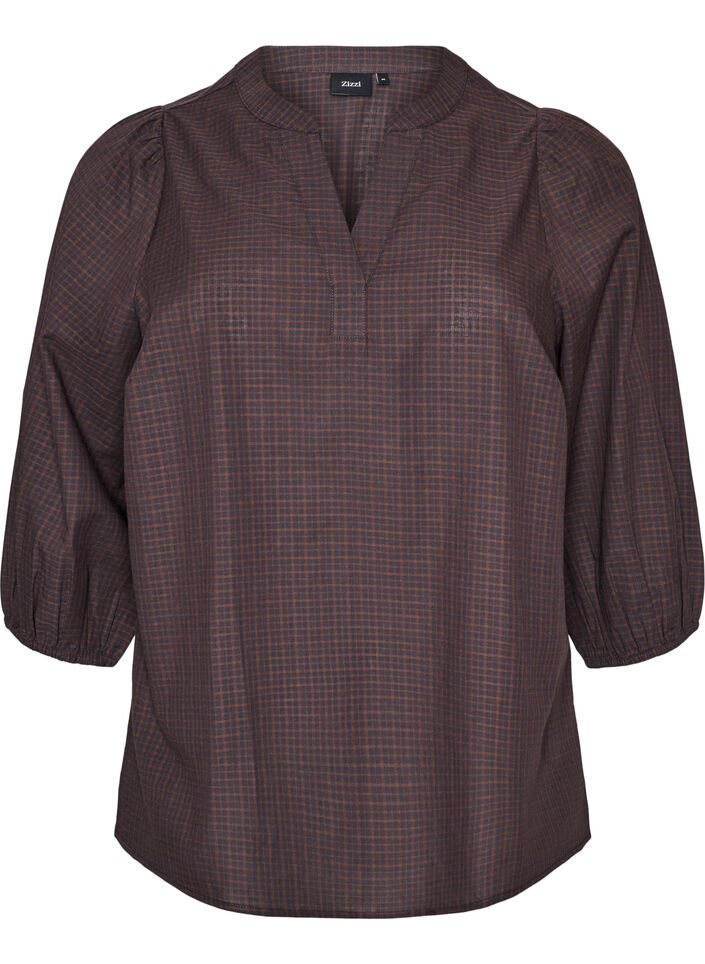 Checked blouse with V-neck and 3/4 sleeves, Brown, Packshot image number 0