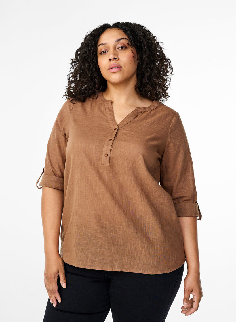 Cotton shirt blouse with v-neck, Coca Mocha, Model image number 0