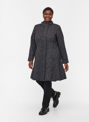 Wool coat with high collar and pockets, Black solid, Model image number 2