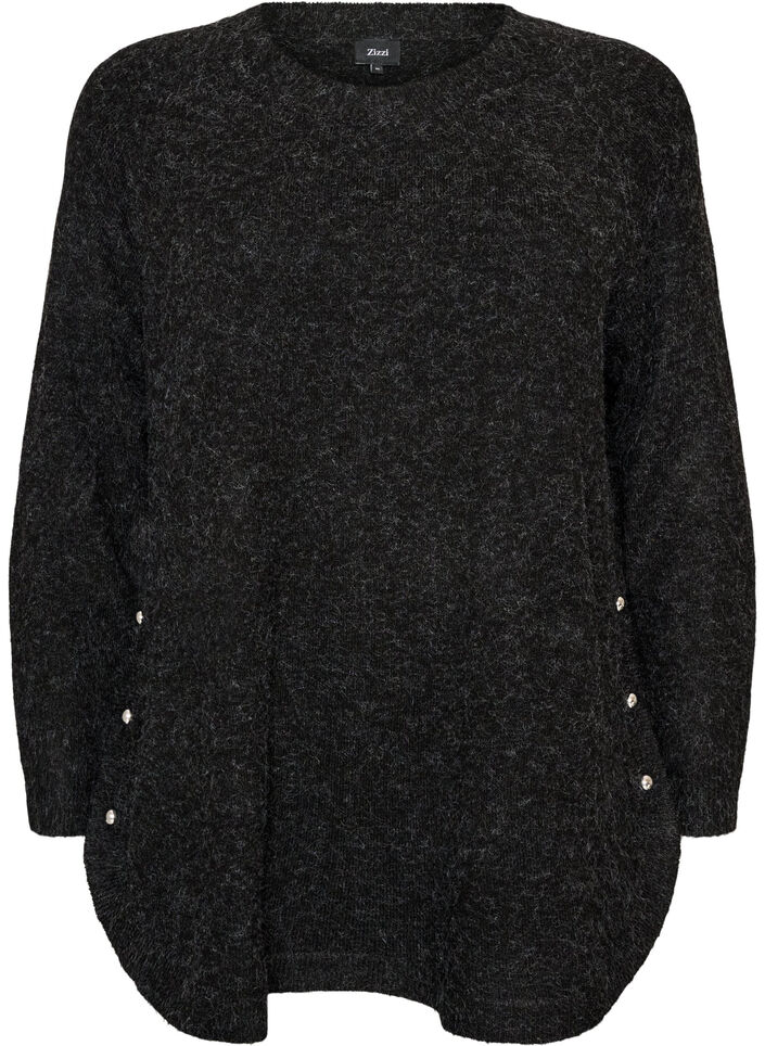 Long knitted blouse with ball buttons, Dark Grey, Packshot image number 0