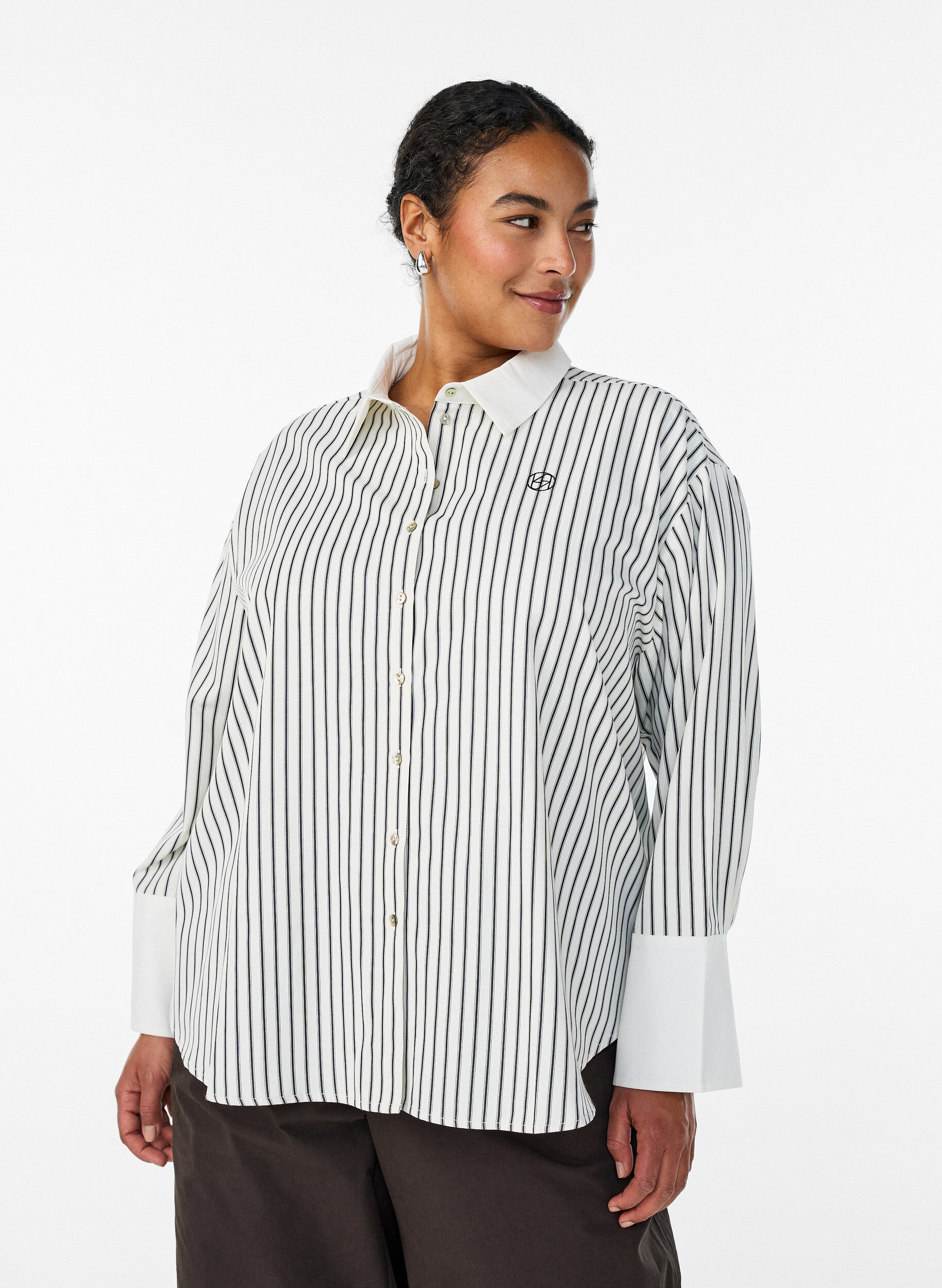 Zizzifashion Loose striped shirt with wide cuffs, White, Model image number 0