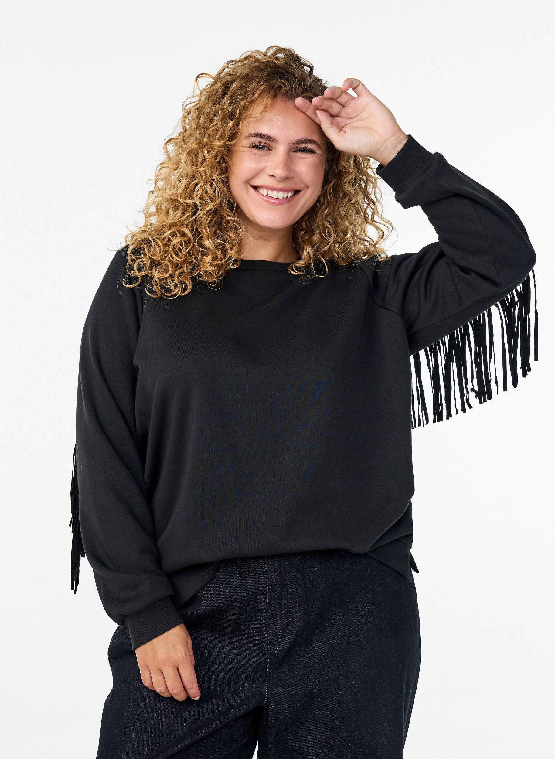 Sweatshirt with fringes, Black, Model