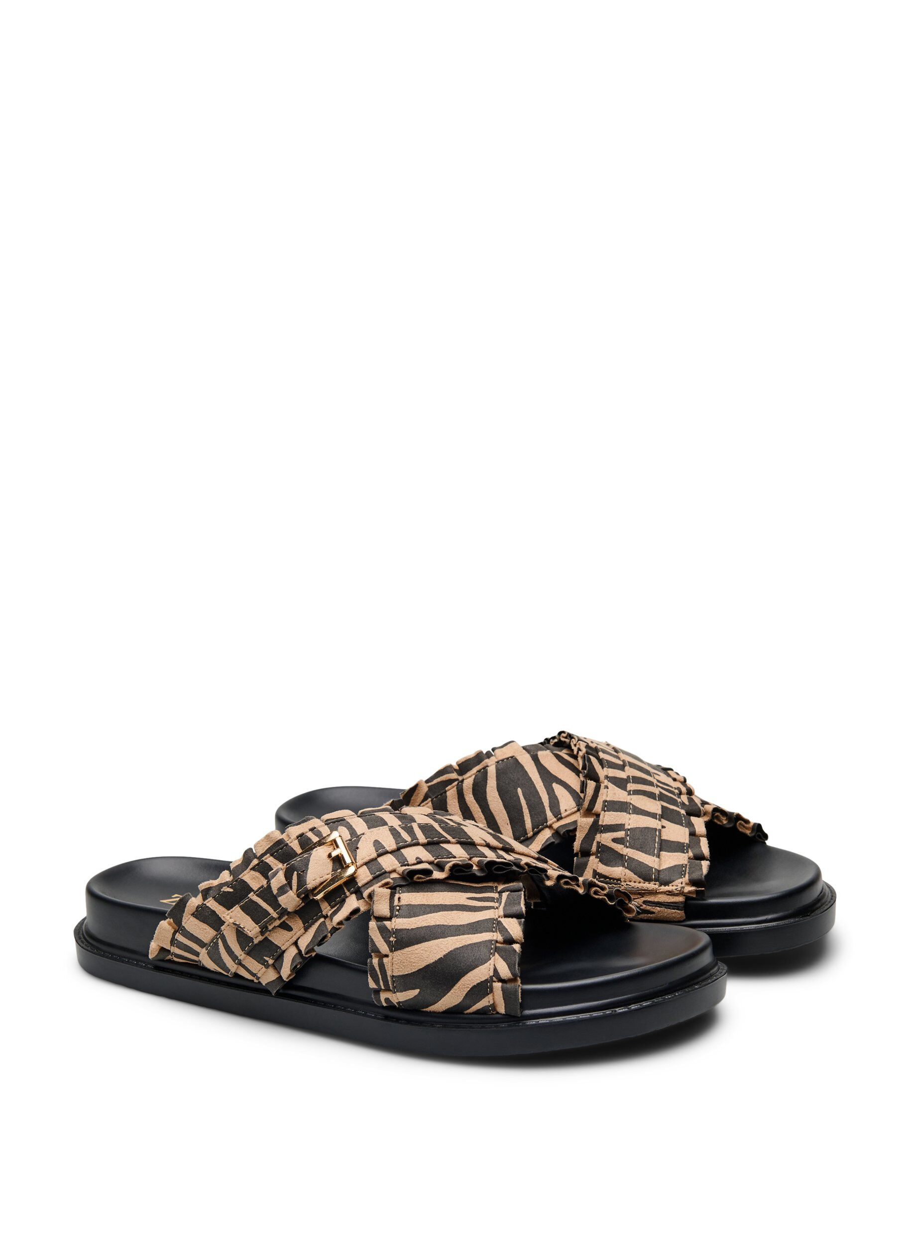 Zizzifashion Wide fit - Sandal with criss-cross straps and ruffle edges, Brown, Packshot image number 1