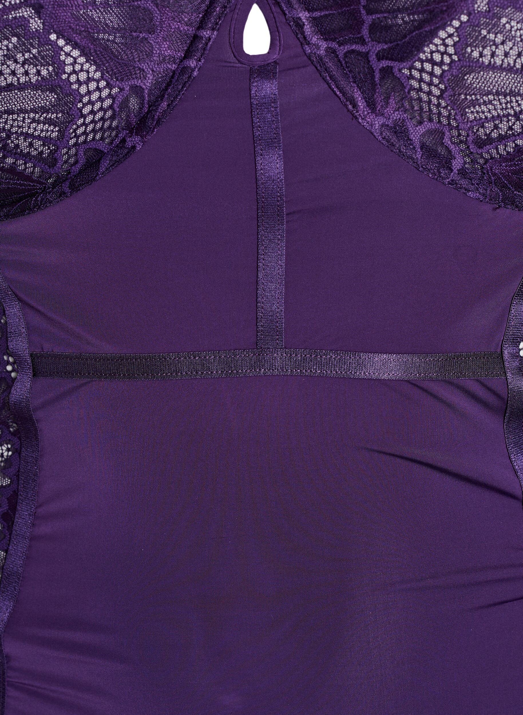 Zizzifashion Lace and microfibre bodystocking with underwire, Purple, Packshot image number 2