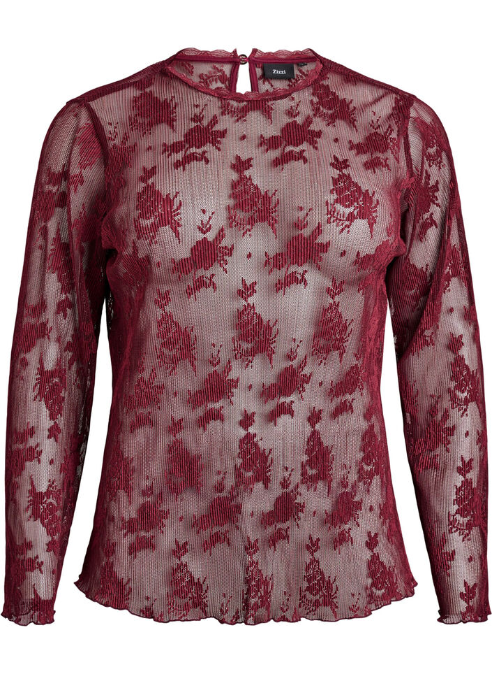 Long-sleeved mesh blouse with lace pattern, Dark Bordeaux, Packshot image number 0