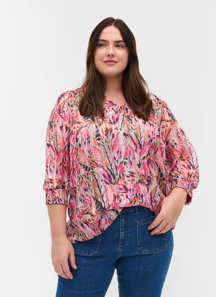 Printed blouse with v-neck and 3/4 sleeves, Pink Feather, Model image number 0