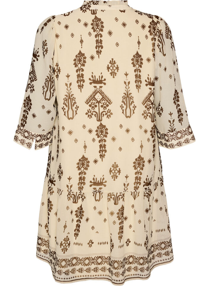 Dress with ornament print and ruffle collar, Beige, Packshot image number 1