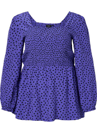 Dotted viscose blouse with smock, R.Blue w. Black Dot, Packshot image number 0