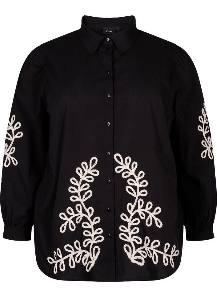 Loose cotton shirt with embroidery, Black, Packshot image number 0