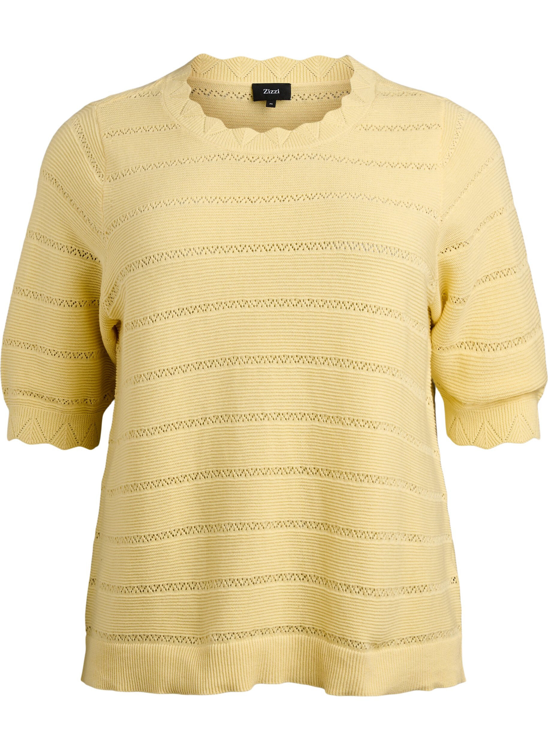 Zizzifashion Knitted blouse with a striped openwork pattern and short sleeves, Yellow, Packshot image number 0