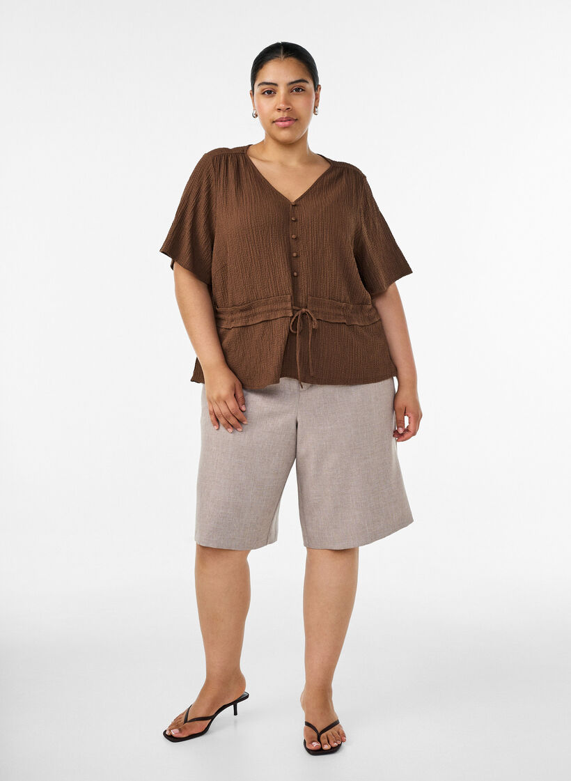 Blouse with texture and a tie-waist, Brown, Model image number 1