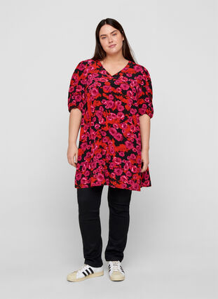 Viscose tunic with floral print, RED FLOWER AOP, Model image number 2