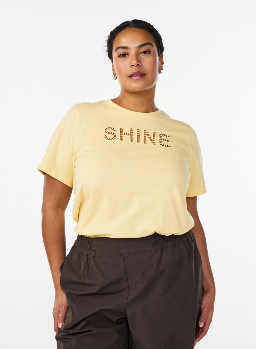 Cotton T-shirt with embroidered text, Yellow, Model image number 0