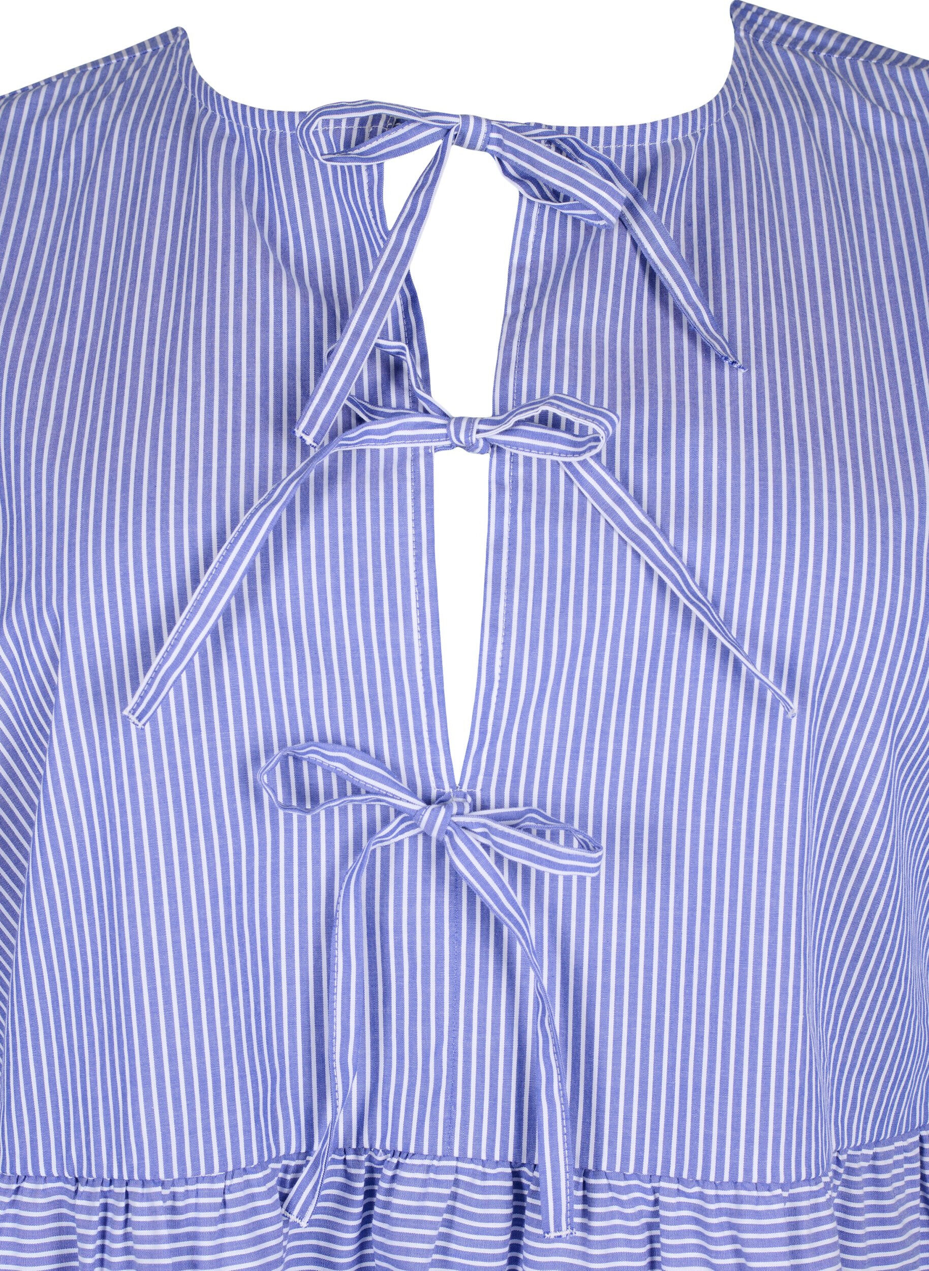 Zizzifashion Striped cotton blouse with tie detail, Baja Blue Stripe, Packshot image number 2